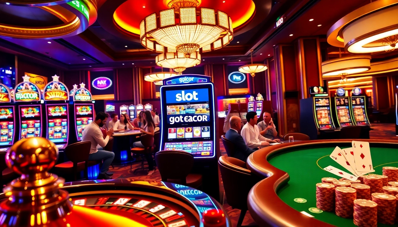 Experience the thrill of winning with slot gacor in a luxurious casino setting featuring vibrant slot machines and engaging players.