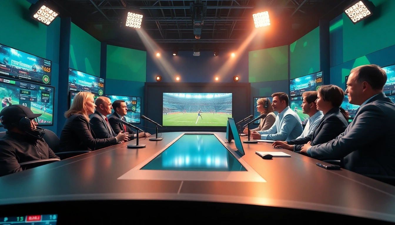 Engaging scene of sports broadcasting with presenters discussing live events and digital screens.