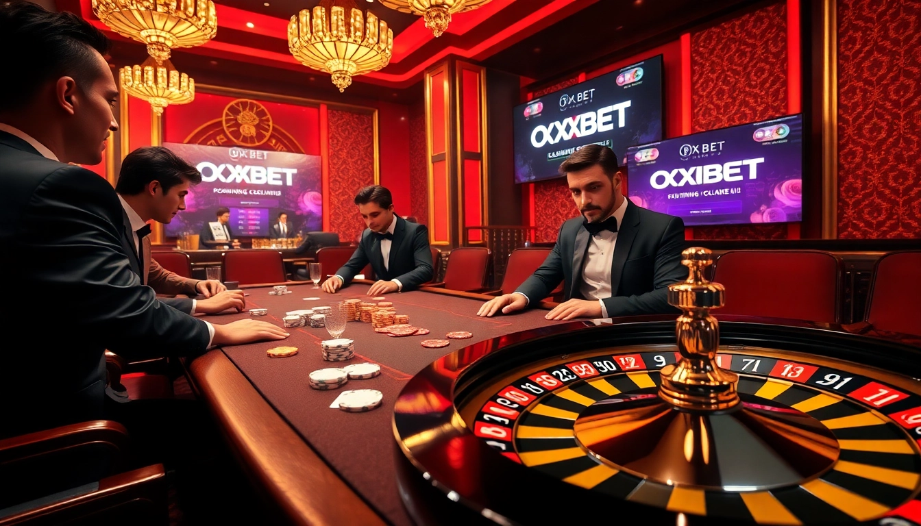 Engage in a thrilling poker game at OXBET with stylish players, vibrant chips, and exciting atmosphere.