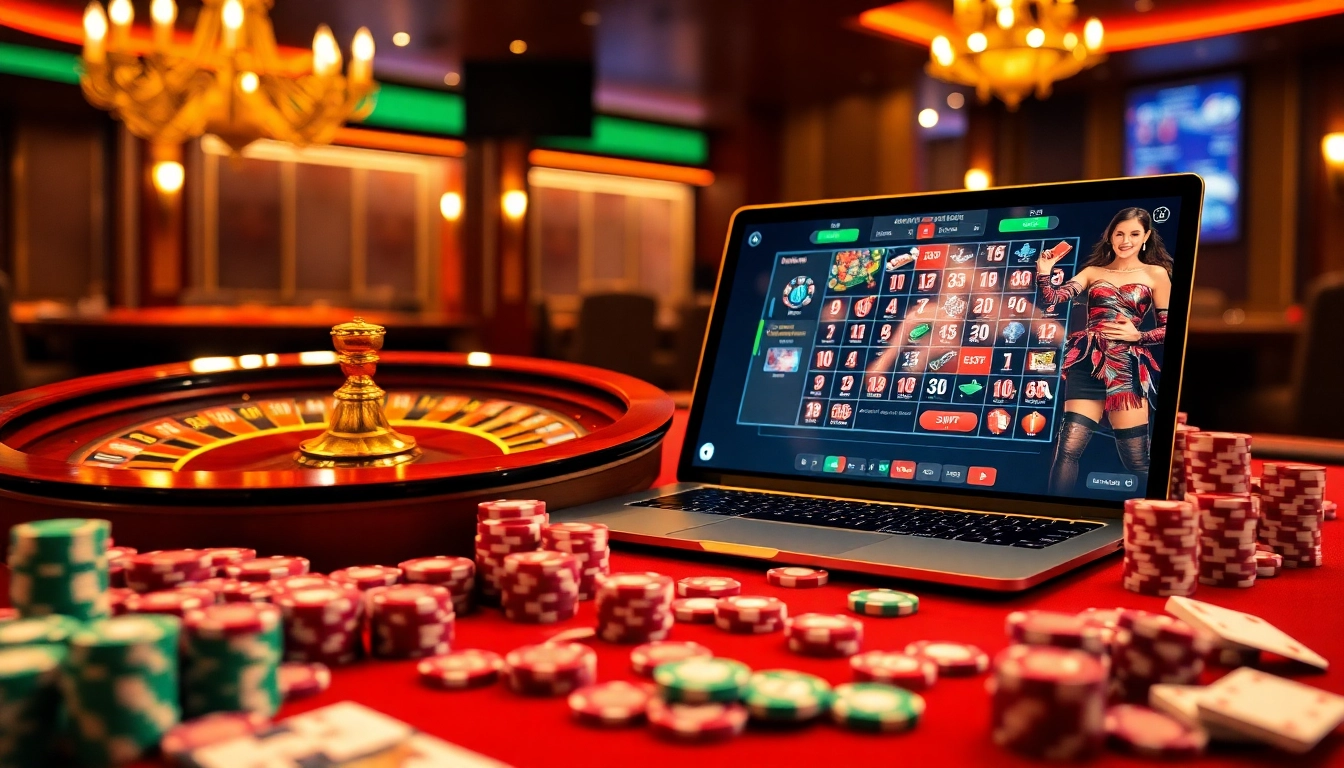 Experience casino en ligne fiable with luxurious gaming visuals of roulette, cards, and poker chips.