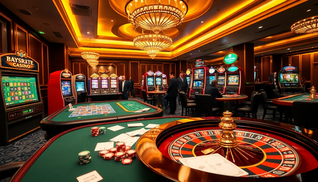 A dynamic scene of a casino en ligne fiable, featuring engaging games with cards and chips that showcase excitement and luxury.