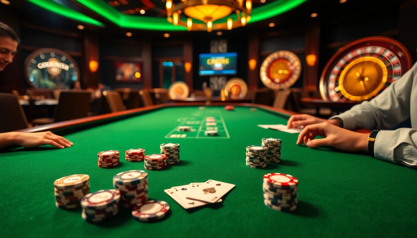 Experience the thrill of high-stakes play at CM88's luxurious casino tables, complete with poker chips and cards.
