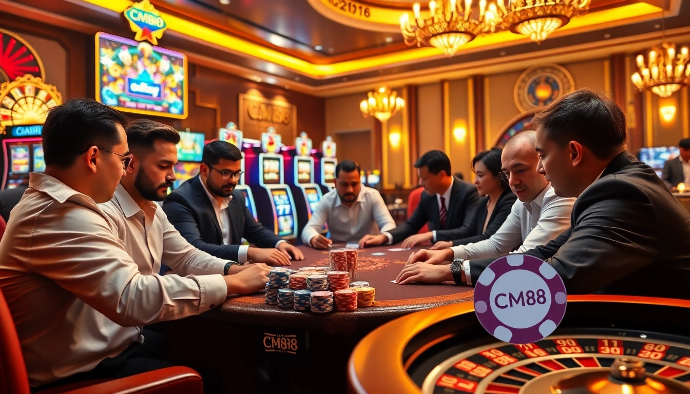 Engaging poker players actively betting with CM88 chips in a luxurious casino setting.