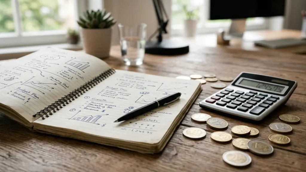Un carnet ouvert avec des graphiques financiers, une calculatrice et des pièces de monnaie.
