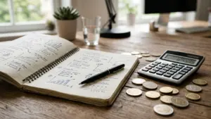 Un carnet ouvert avec des graphiques financiers, une calculatrice et des pièces de monnaie.