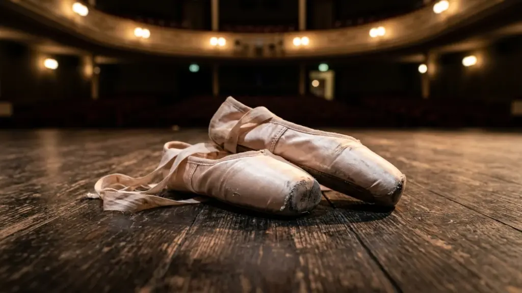 Une paire de chaussons de danse usés posés sur le plancher en bois d'une scène.