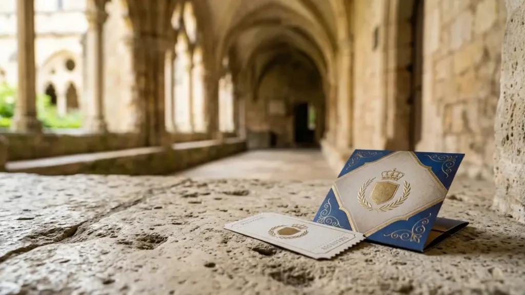 Cartes d'invitation royales dorées posées sur une table en pierre dans un cloître médiéval.