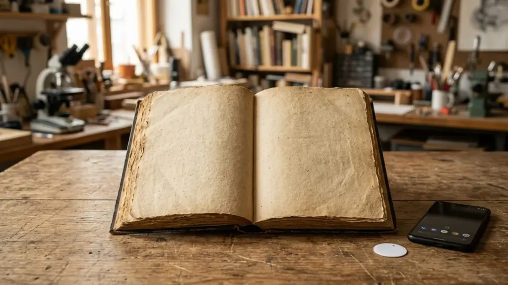 Un vieux livre ouvert aux pages vierges posé sur une table en bois d'atelier.