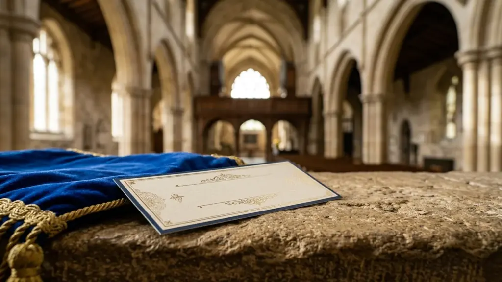 Une carte d'invitation vierge posée sur un rebord en pierre dans une église ancienne.