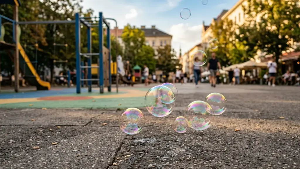 Bulles de savon transparentes flottant sur le sol d'une aire de jeux urbaine ensoleillée.