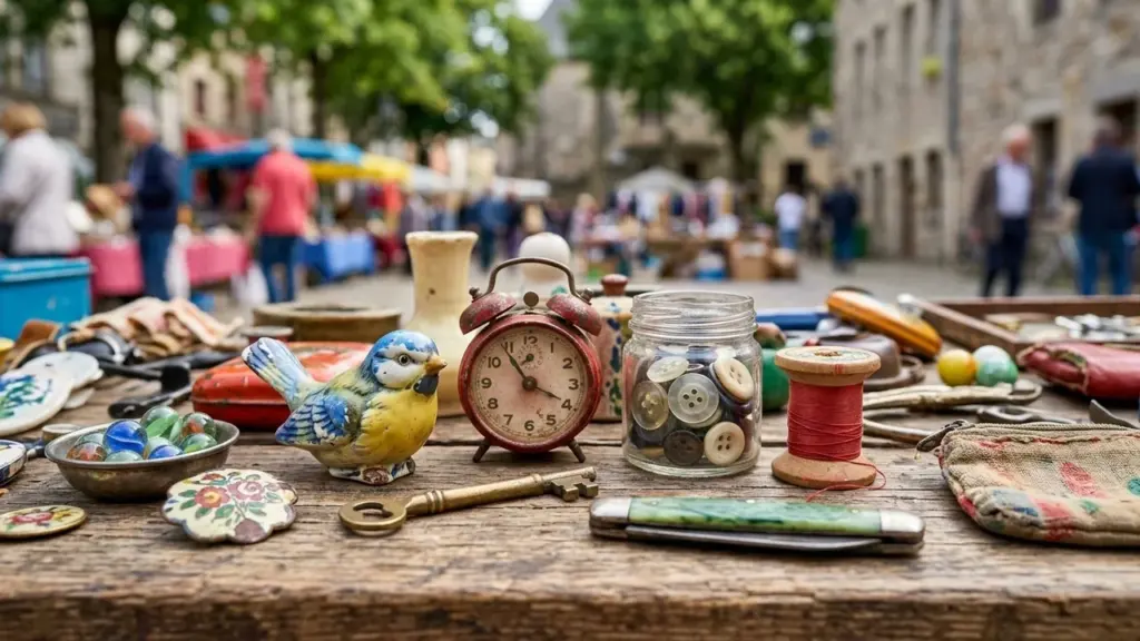 Objets anciens disposés sur une table en bois lors d'un marché aux puces extérieur.