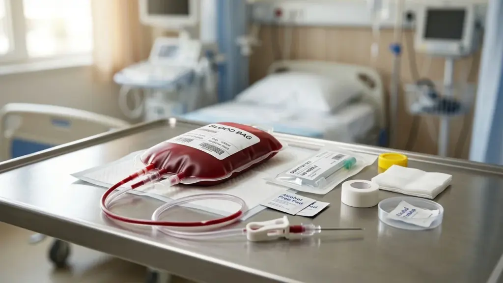 Une poche de sang rouge avec ses tubulures sur un plateau médical en hôpital.