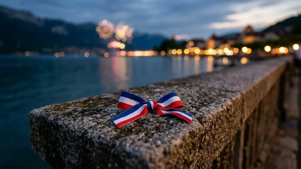 Un ruban tricolore français posé sur un muret en pierre au-dessus d'un lac nocturne.
