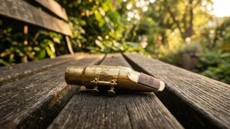 Un bec de saxophone en laiton posé sur un banc en bois dans un jardin.