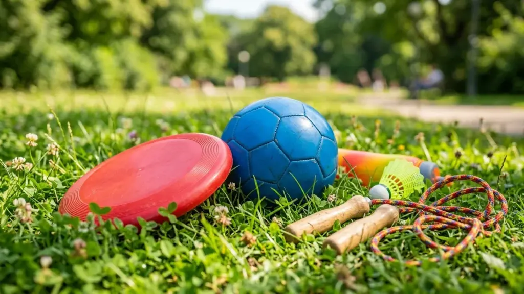 Un frisbee rouge, un ballon bleu et une corde à sauter sur l'herbe verte.