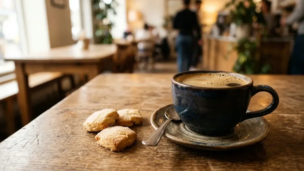 Une tasse de café sombre sur une soucoupe avec trois biscuits sur une table boisée.