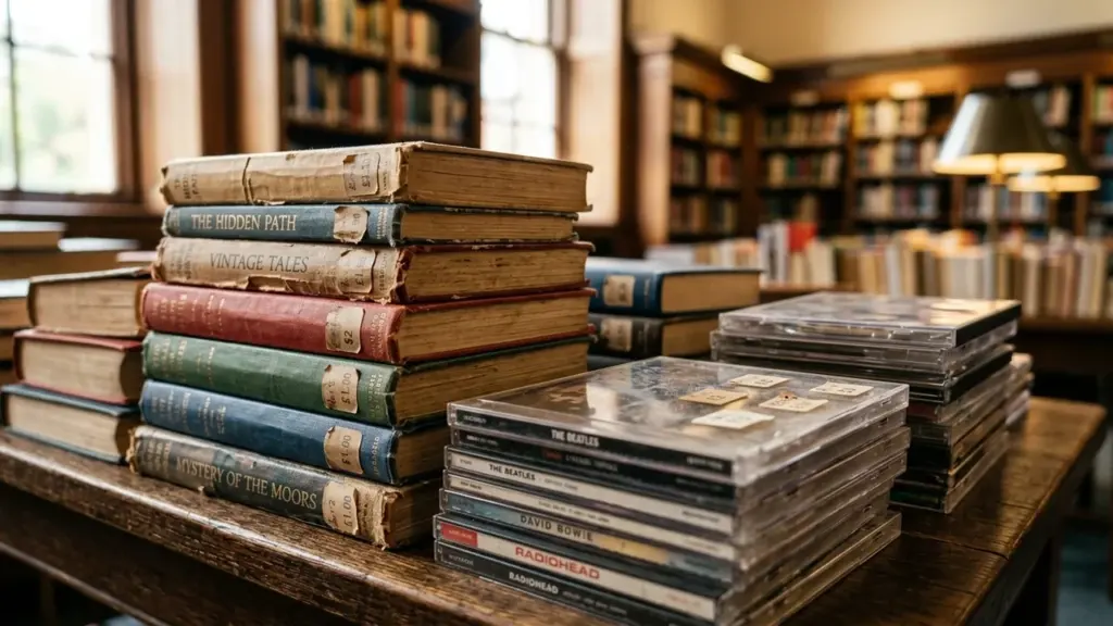 Une pile de livres anciens et des boîtiers de CD sur une table en bois.