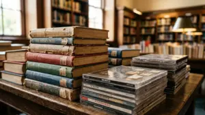 Une pile de livres anciens et des boîtiers de CD sur une table en bois.