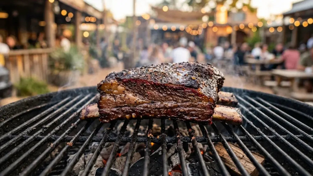 Une grosse côte de bœuf grillée cuit lentement sur un barbecue au charbon ardent.