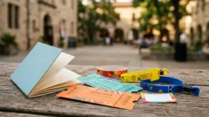 Carnet ouvert et billets d'événement colorés posés sur une table en bois en extérieur.