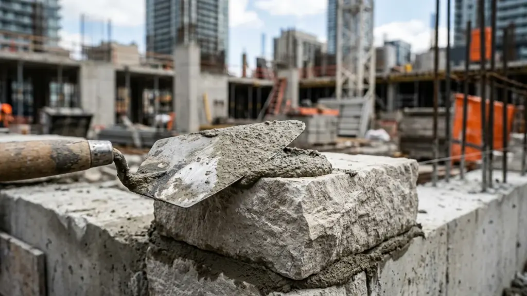 Une truelle pleine de mortier sur un bloc de pierre sur un chantier urbain.