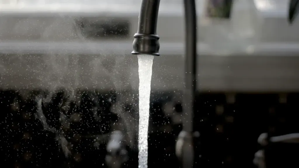 Un robinet de cuisine laissant couler un filet d'eau dans un évier domestique.
