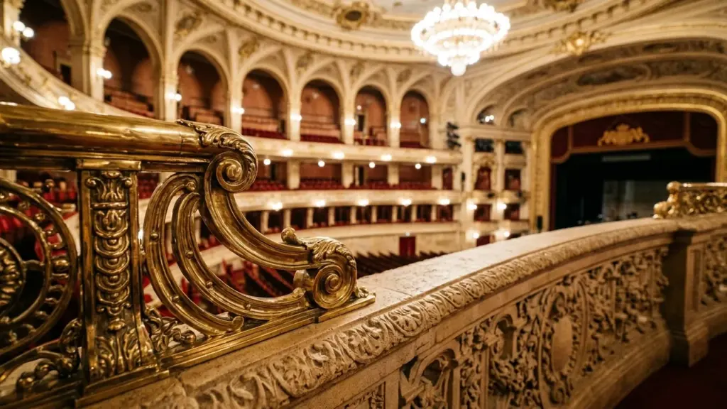 Gros plan sur une rambarde dorée ornée dans un opéra luxueux et historique vide.