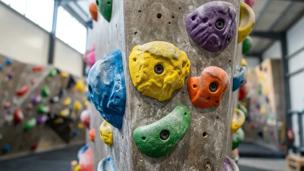 Gros plan sur un mur d'escalade intérieur avec des prises colorées en résine fixées.
