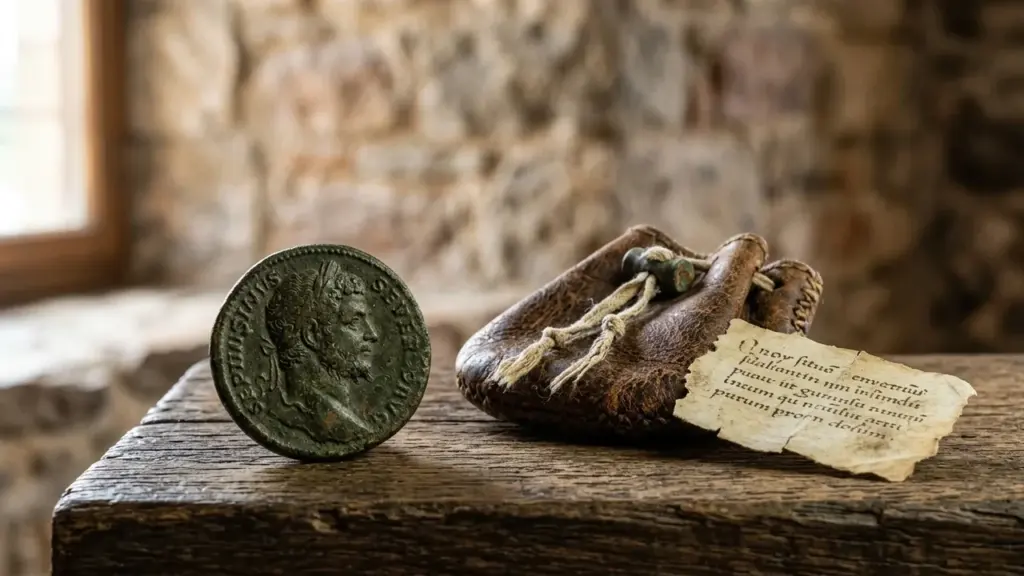 Une ancienne pièce de monnaie romaine et une bourse en cuir sur une table en bois.