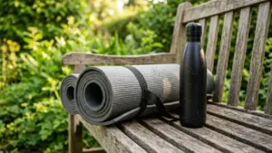 Un tapis de yoga gris enroulé et une bouteille noire sur un banc en bois.