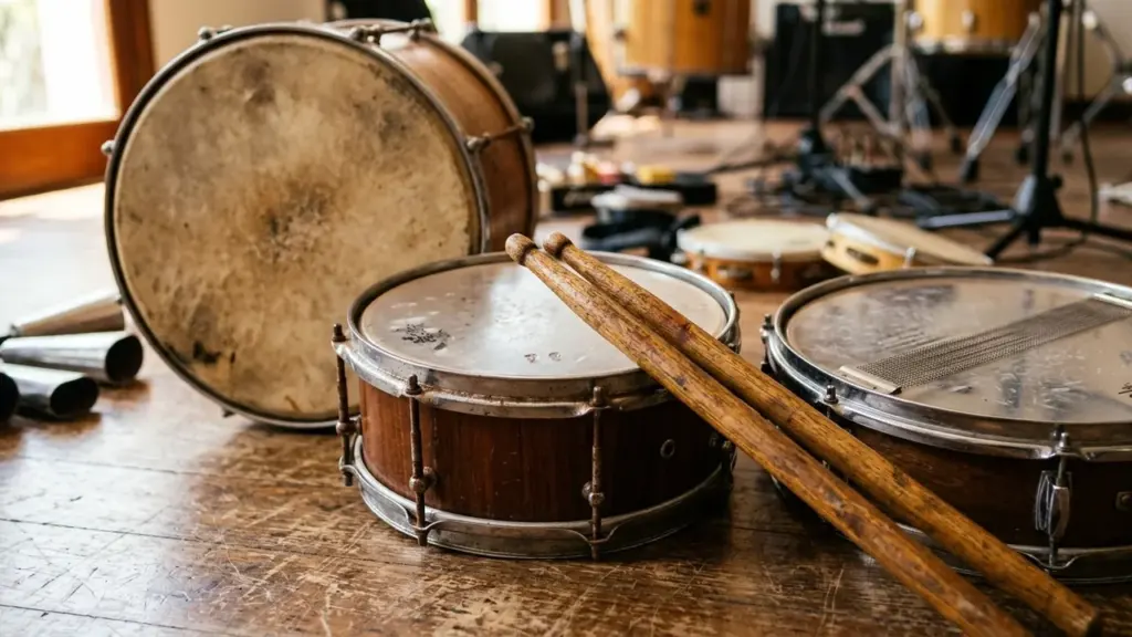 Deux baguettes en bois posées sur une caisse claire dans un studio de musique.