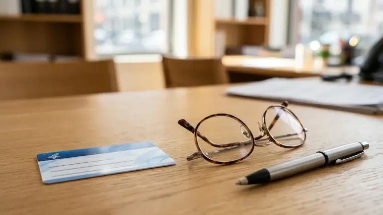Une paire de lunettes, un stylo et une carte bancaire posés sur une table.