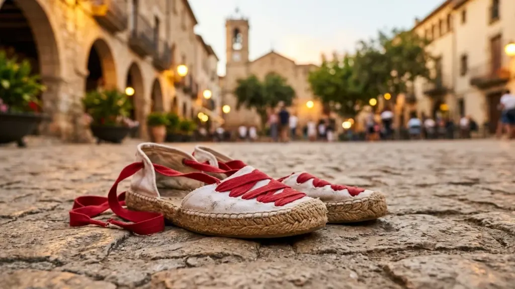 Une paire d'espadrilles à lacets rouges posée sur les pavés d'une place de village.