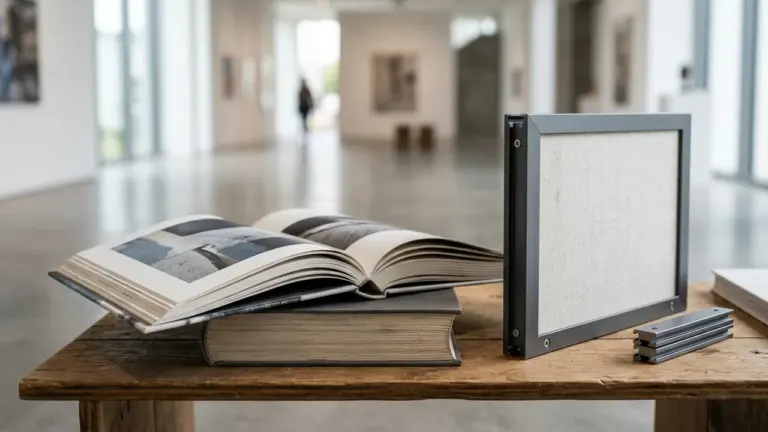 Un livre ouvert et des outils de cadrage sur une table dans une galerie.
