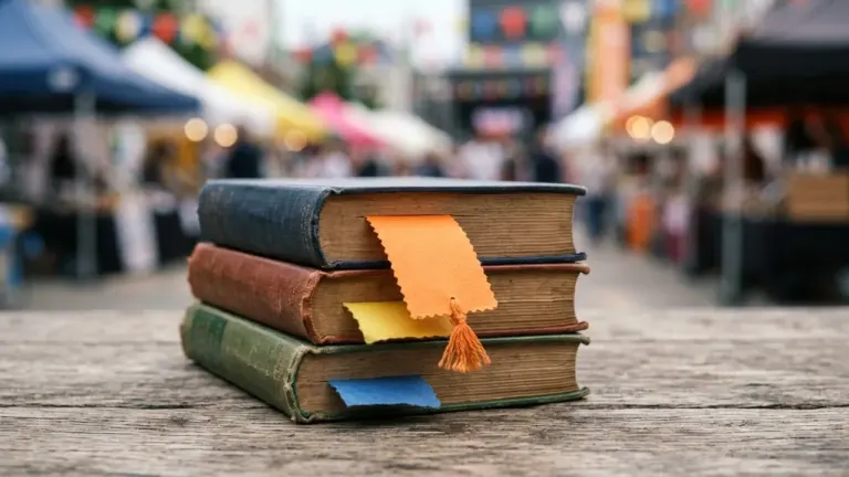 Trois vieux livres empilés sur une table en bois avec des marque-pages colorés dépassants.
