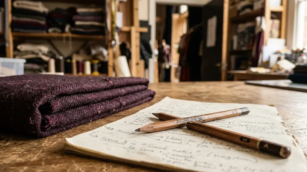 Deux crayons posés en croix sur des notes manuscrites devant un tissu violet plié.