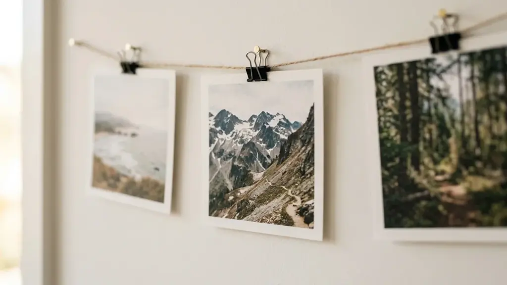 Trois photos de paysages suspendues à une cordelette avec des pinces noires sur un mur.