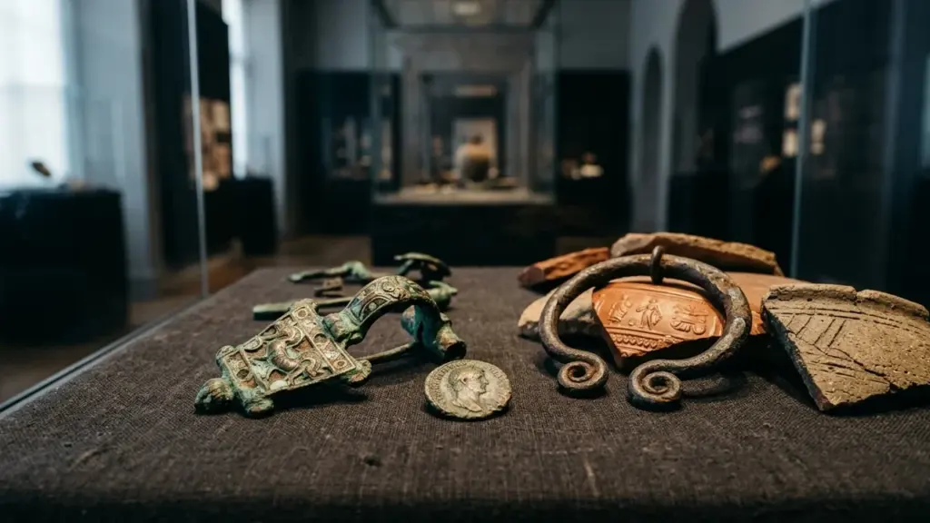 Fibules anciennes, pièces de monnaie et fragments de poterie exposés dans un musée archéologique.
