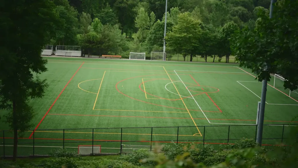 Un terrain de sport extérieur vide entouré d'arbres, idéal pour les activités des jeunes.