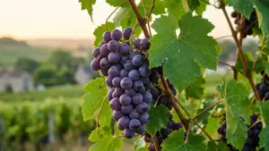 Une grappe de raisins violets mûrs suspendue à une vigne dans un vignoble ensoleillé.