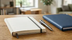 Un carnet ouvert, un stylo noir et un agenda bleu sur un bureau en bois.