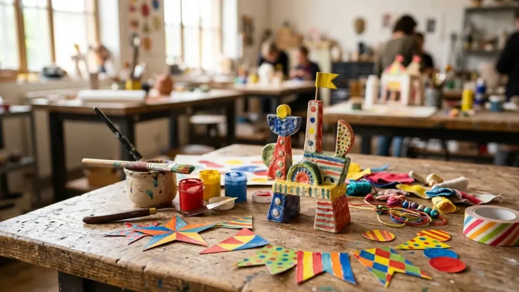 Une sculpture en céramique colorée posée sur une table d'atelier artistique avec des fournitures.
