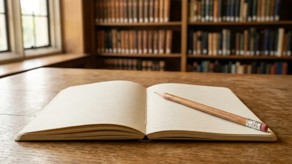 Un carnet ouvert aux pages lignées avec un crayon posé sur une table en bois.