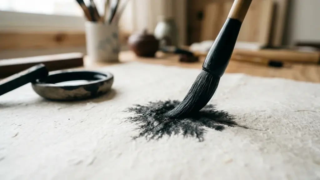 Un pinceau de calligraphie noir touche une feuille de papier créant une tache d'encre.