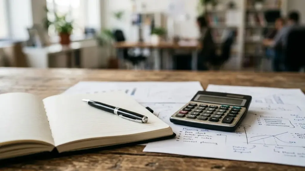 Un carnet ouvert, un stylo noir et une calculatrice posés sur des documents financiers.