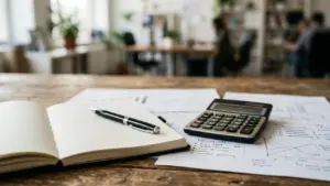 Un carnet ouvert, un stylo noir et une calculatrice posés sur des documents financiers.