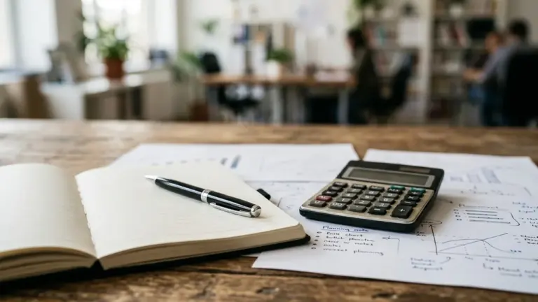 Un carnet ouvert, un stylo noir et une calculatrice posés sur des documents financiers.