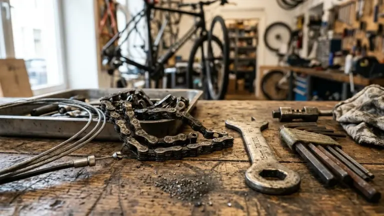 Une chaîne de vélo grasse sur un établi en bois entourée d'outils de réparation mécaniques.