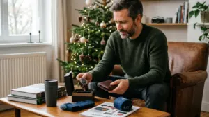 Un homme barbu en pull vert examine une montre-bracelet devant un sapin de Noël.