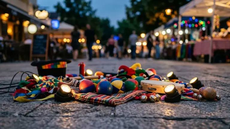 Des accessoires de jonglage et des projecteurs posés au sol sur une rue piétonne animée.